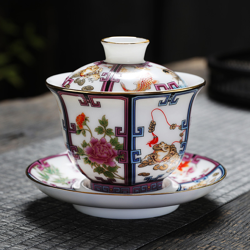 Palace Retro Three-Part Gaiwan, White Jade Porcelain - Image 2