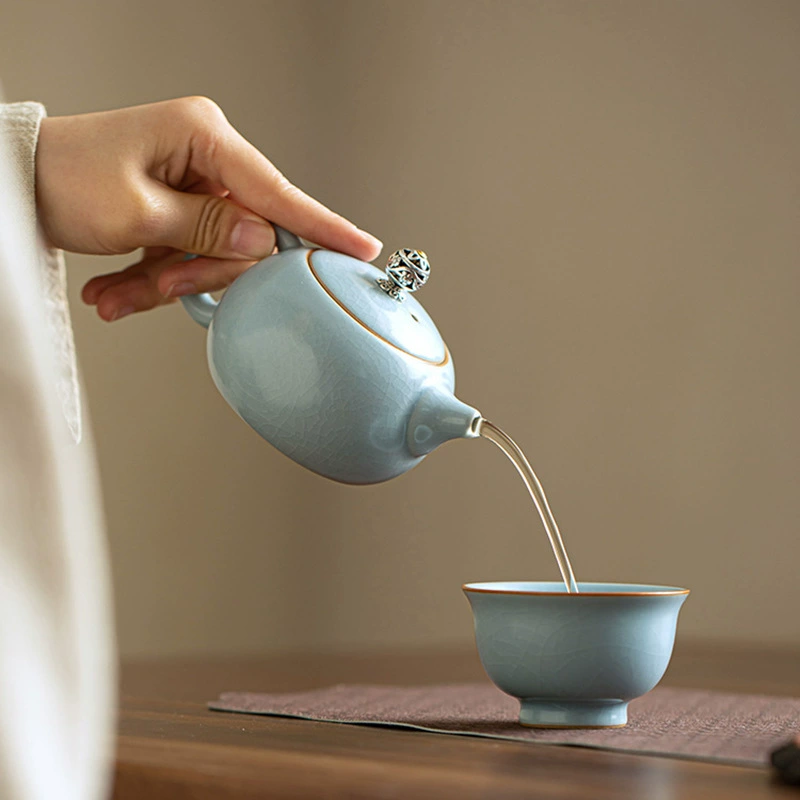 Master Handmade Sky Blue Ru Style Xishi Teapot Ceramic Gongfu Tea Set - Image 4