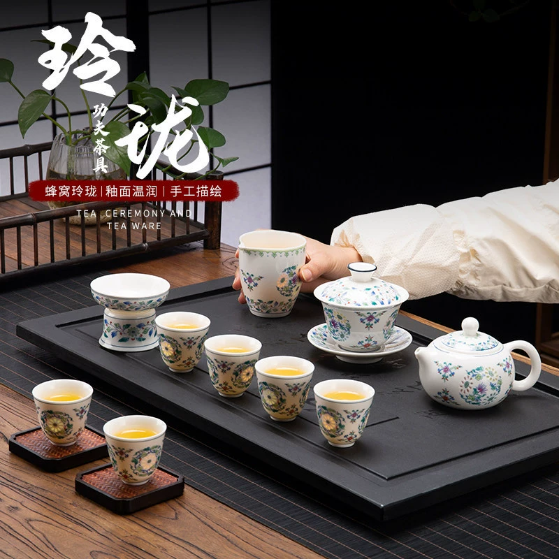 White Jade Porcelain Floral Gongfu Tea Set, Teapot and Gaiwan Gift Box - Image 2