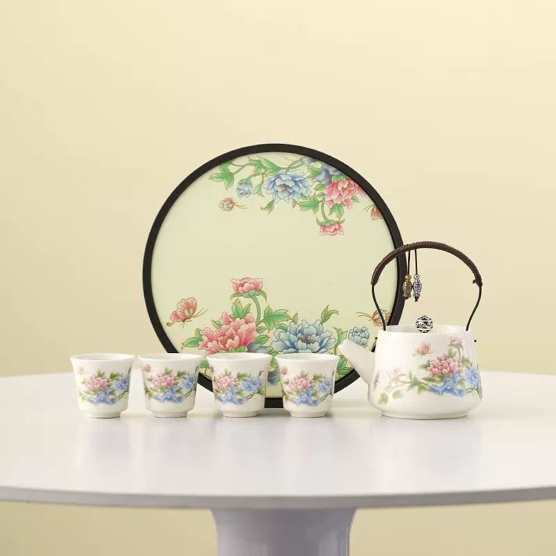 Chinese Floral Ceramic Teapot and Teacup Set, Heat Resistant Beam Handle - Image 2