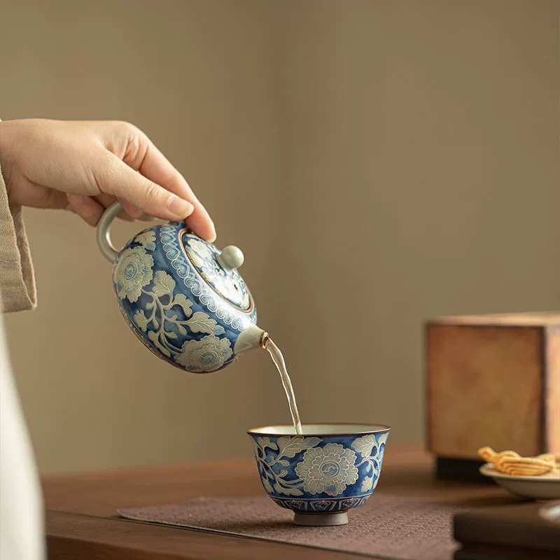 Ru Kiln Yuan Blue and White Xishi Teapot, Crackle Glaze, Re-seasonable - Image 4