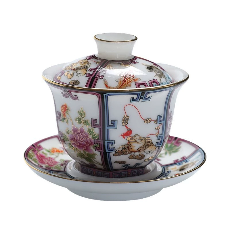 Palace Retro Three-Part Gaiwan, White Jade Porcelain