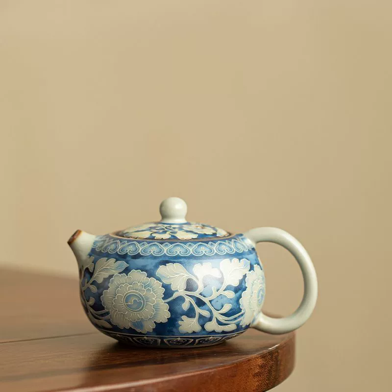 Ru Kiln Yuan Blue and White Xishi Teapot, Crackle Glaze, Re-seasonable - Image 2