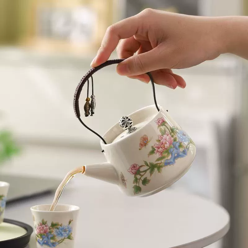 Chinese Floral Ceramic Teapot and Teacup Set, Heat Resistant Beam Handle - Image 4