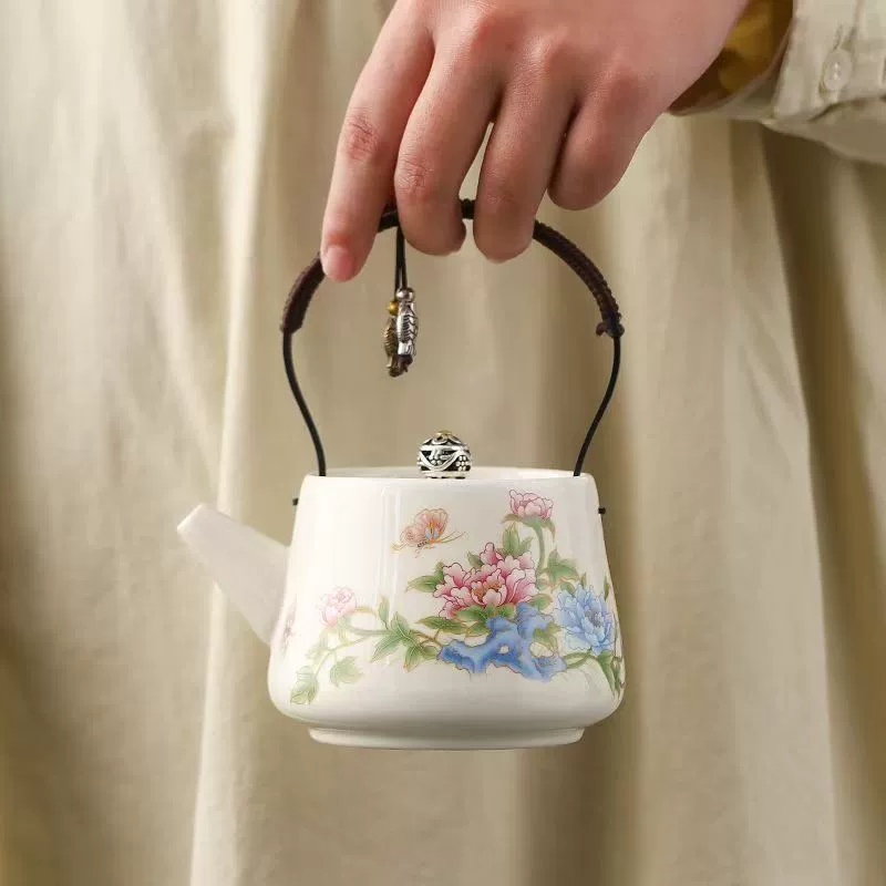 Chinese Floral Ceramic Teapot and Teacup Set, Heat Resistant Beam Handle - Image 3