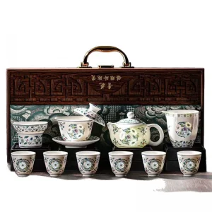 White Jade Porcelain Floral Gongfu Tea Set, Teapot and Gaiwan Gift Box