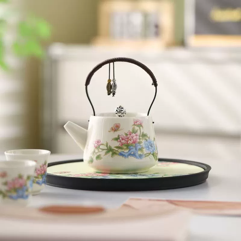 Chinese Floral Ceramic Teapot and Teacup Set, Heat Resistant Beam Handle - Image 5
