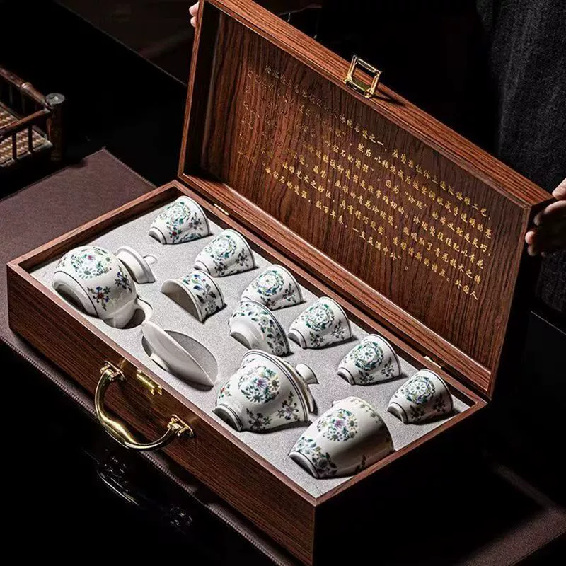 White Jade Porcelain Floral Gongfu Tea Set, Teapot and Gaiwan Gift Box - Image 5