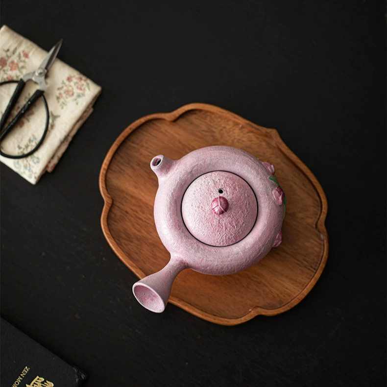Hand Painted Tulip Side Handle Teapot, Old Rock White Clay - Image 3