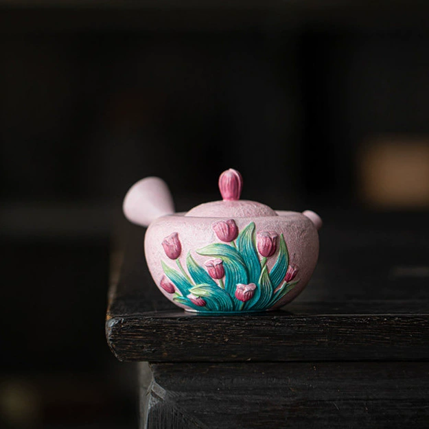 Hand Painted Tulip Side Handle Teapot, Old Rock White Clay - Image 2