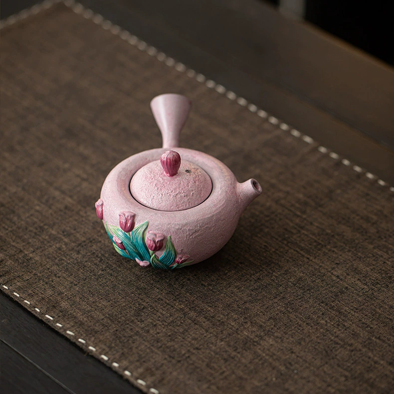 Hand Painted Tulip Side Handle Teapot, Old Rock White Clay - Image 4